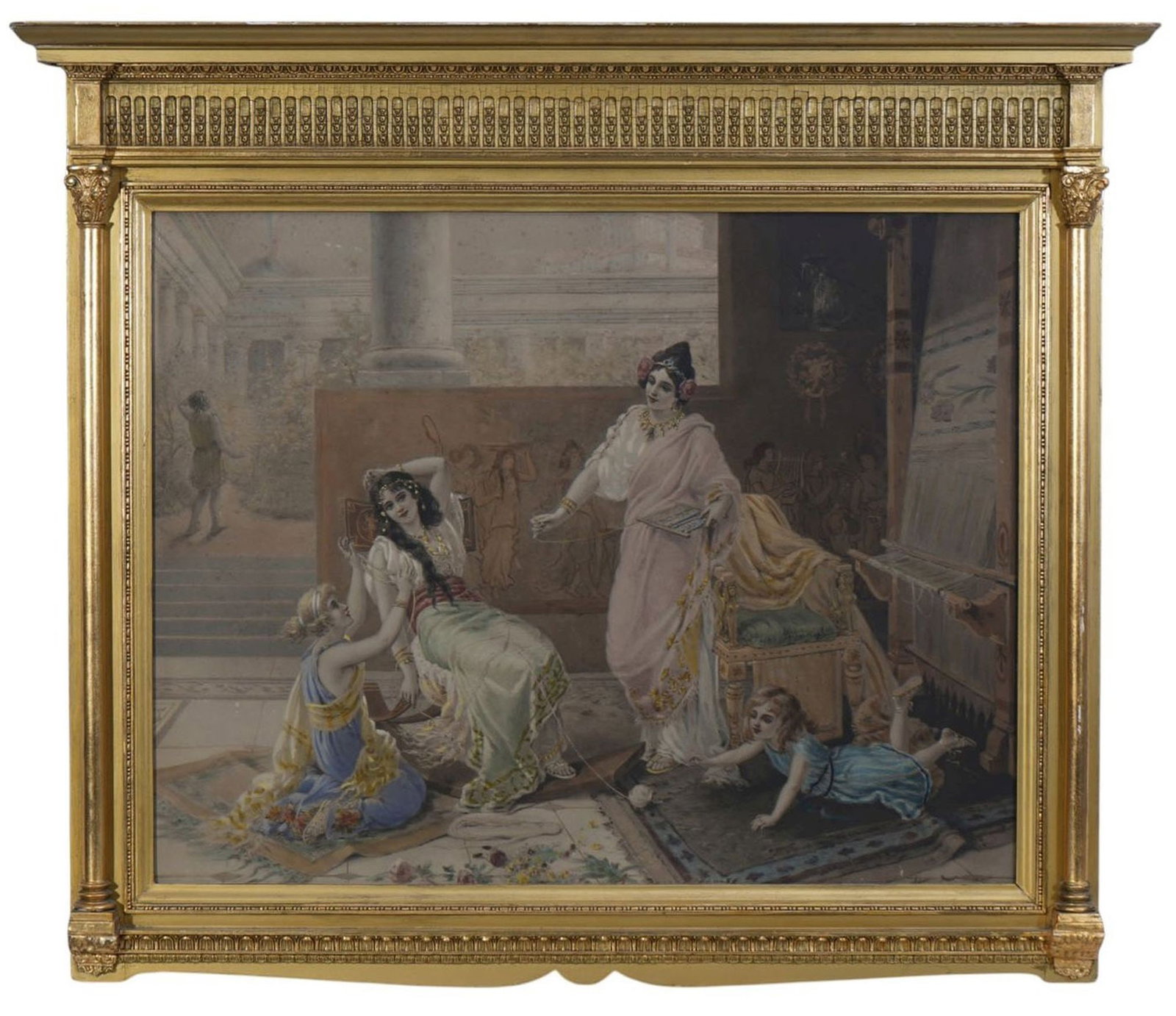 Antique Print Interior with woman and Child, in fancy gold frame- overall framed size 30 1/2 x 35 (1 of 6)