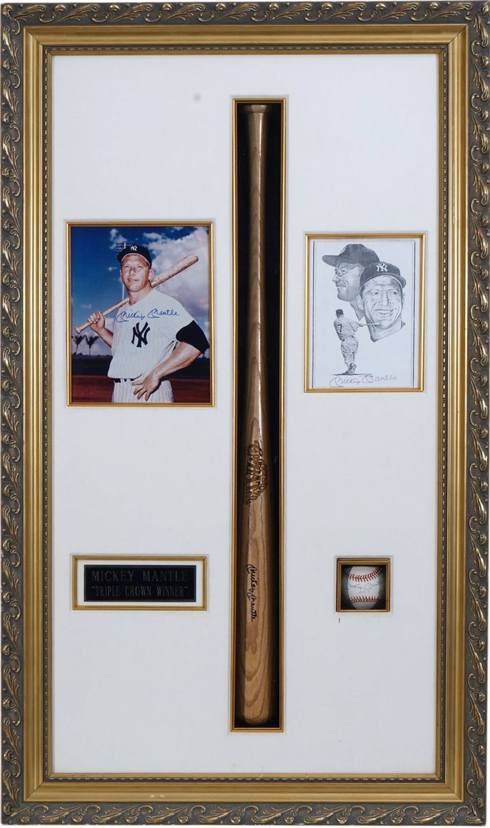 MICKEY MANTLE Framed Autographs, Bat and Photo, Signed Ball (Ball fell in shadowbox), 43 1/2"h x (1 of 10)