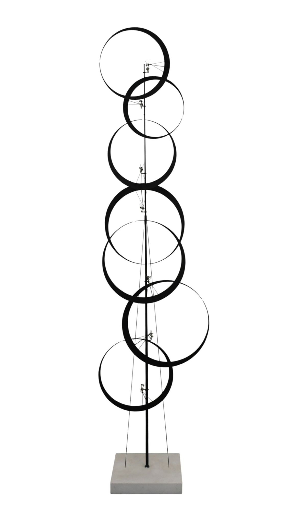 Jerome Kirk (American 1923-2019) Large impressive 7 Ring Kenetic Sculpture, painted aluminum 80"h x: Jerome Kirk (American 1923-2019) Large impressive 7 Ring Kenetic Sculpture, painted aluminum 80"h x 22"w 12" d Incised signature to base 'Kirk'. Work is in very good condition and presents well. Kinet