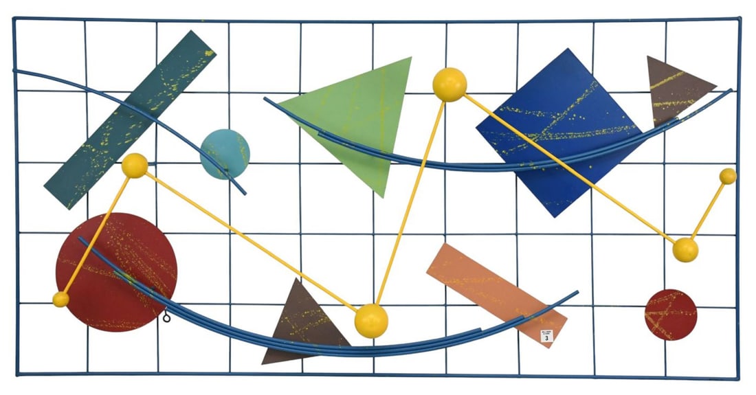 Curtis Jere Abstract Multi Color Metal Sculpture with Applied Geometric Shapes to Grid Form Support,: Curtis Jere Abstract Multi Color Metal Sculpture with Applied Geometric Shapes to Grid Form Support, Signed and dated 1988 lower right 30"h x 60 1/2"w x 10"d