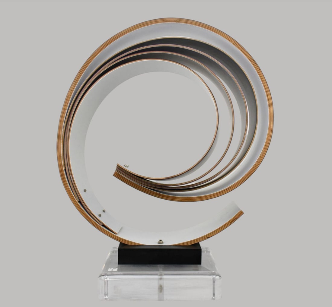 Norman Ridenour Bentwood Sculpture, 1985, Purple & Gray Shades, Mounted on Black Base, Attached to: Norman Ridenour Bentwood Sculpture, 1985, Purple & Gray Shades, Mounted on Black Base, Attached to Lucite Base, Largest Bentwood 7"wide, Signed, dated 12/84 and numbered 2/10 Sculpture 31"h x 25"w