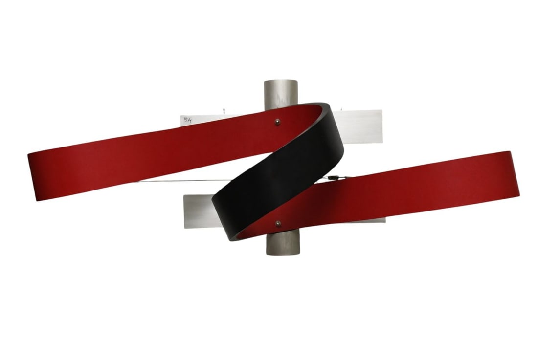 Norman Ridenour Modern "Ribbon" Sculpture, Black & Red Plywood On Steel Platform, Signed, Dated 7/83: Norman Ridenour Modern "Ribbon" Sculpture, Black & Red Plywood On Steel Platform, Signed, Dated 7/83 numbered 2/10 Size 16"H x 50"w x 14"d