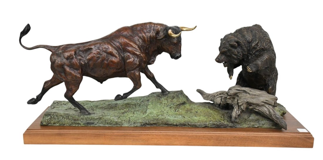 Lorenzo E. Ghiglieri (American, 1931 - 2020) Bronze Bull & Bear Sculpture - The New Powerful: Lorenzo E. Ghiglieri (American, 1931 - 2020) Bronze Bull & Bear Sculpture - The New Powerful Exchange. Dated 2006 and signed on front, and numbered. 15"h x 33 1/2"w x 9 1/2"d