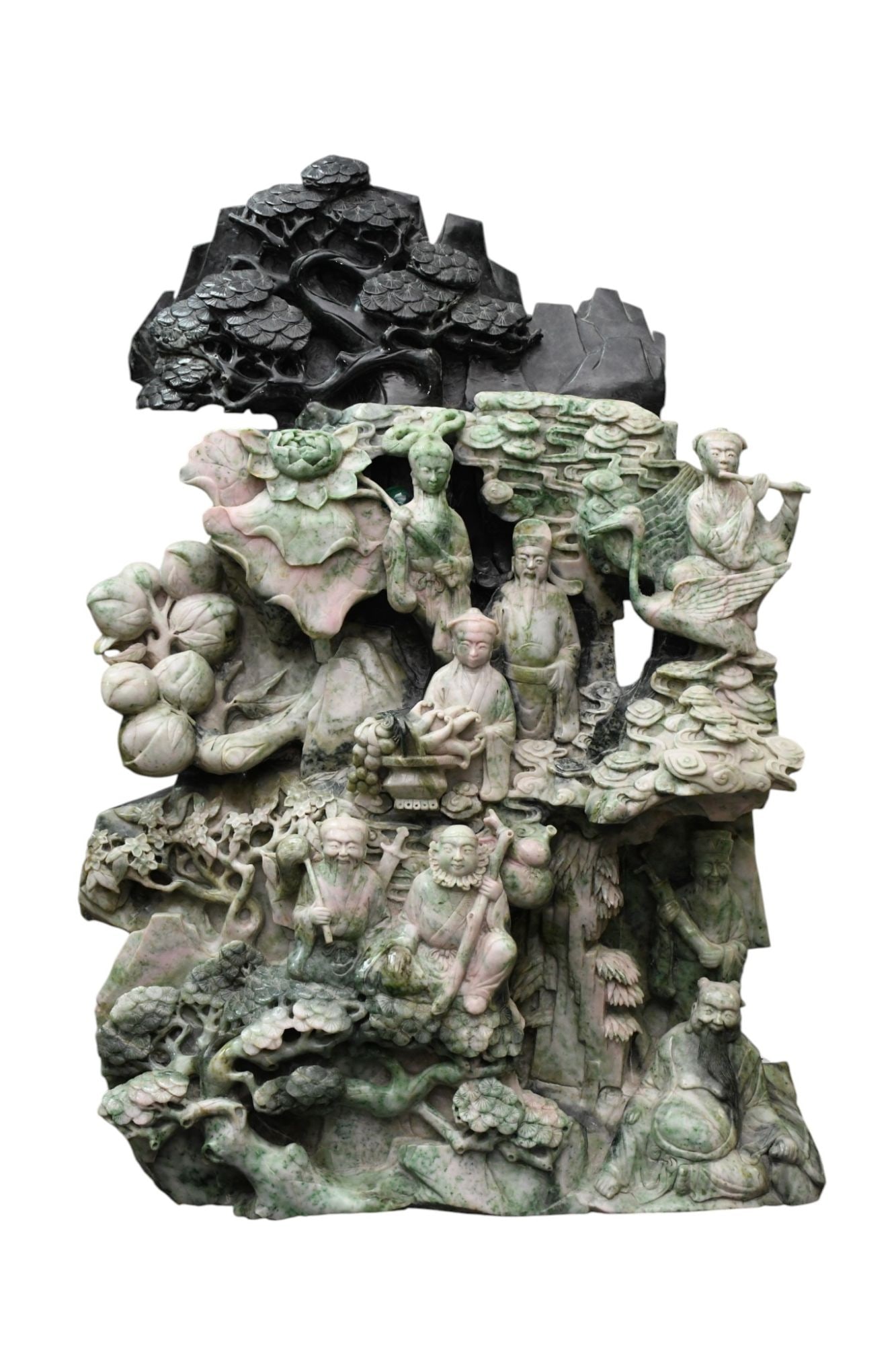 Chinese Carved Jade Mountain, Spinach Jade and Lavendar Jade with Trees, Lotus Blossoms, Flowers & (1 of 11)