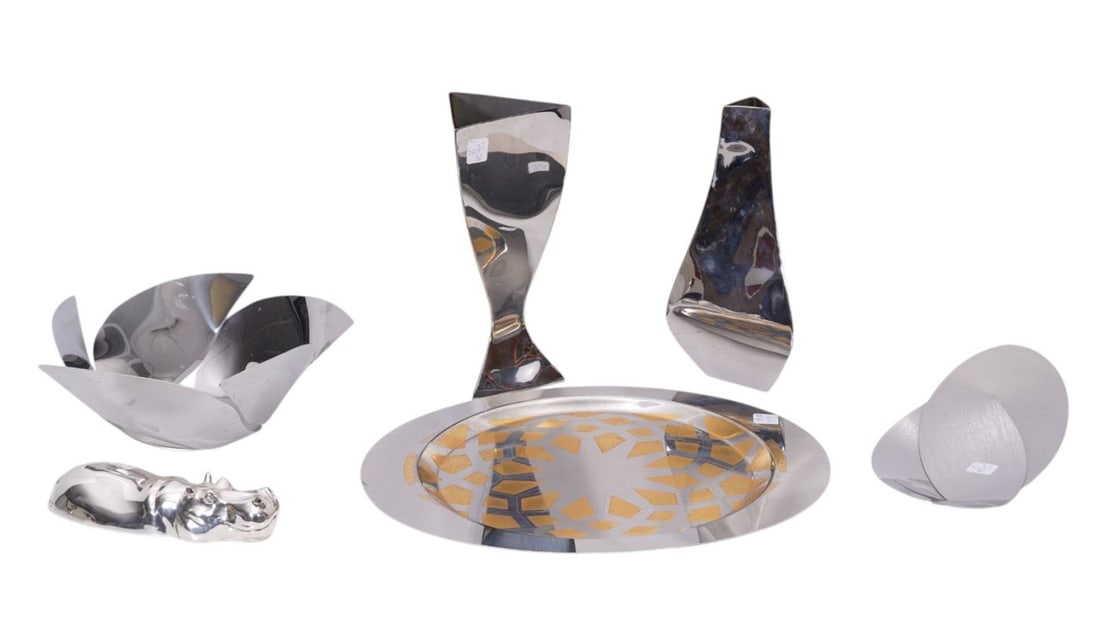 6 Pcs. Of Modern Chrome Tablewares, 3 Signed Michael Aram, 3 Signed Alessi, Vase 13"h & Tray 18" x (1 of 11)