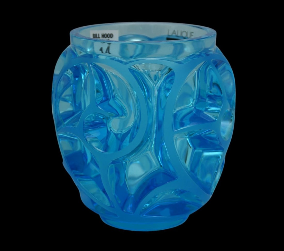 Lalique Crystal "Tourbillons" Blue Vase, Signed R. Lalique France, 5"h x 5"w (1 of 5)