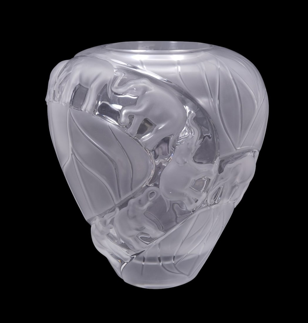 Lalique Crystal Parading Elephants Vase, "Borneo" Pattern, Signed R. Lalique France, 11"h x 12"w (1 of 7)