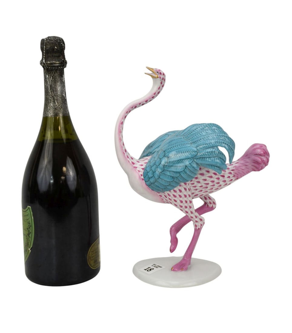 Herend Porcelain Walking Ostrich, Hand painted Raspberry Fishnet & Turquoise Feathers, 10 1/4"h x (1 of 8)