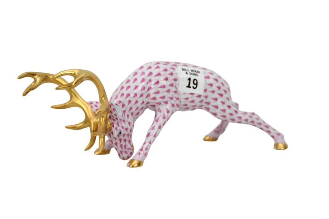 Herend Porcelain Stag, Hand painted Raspberry Fishnet with Gold Accents, 3 1/2"h x 10"w x 4"d: Herend Porcelain Stag, Hand painted Raspberry Fishnet with Gold Accents, 3 1/2"h x 10"w x 4"d