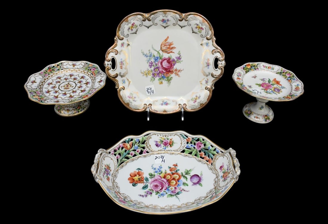 Lot of 4 Dresden Porcelain Pcs with Floral & Gold Accents, 2 Reticulated Compotes (4 3/4"h x 7"dia) (1 of 11)