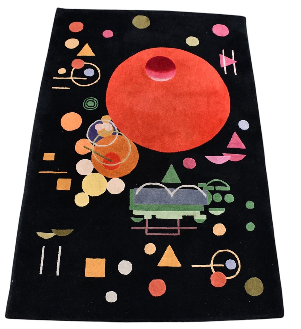 Guggenheim Modern Arts Collection - Kandinsky Inspired Rug (c.: Guggenheim Modern Arts Collection - Kandinsky Inspired Rug (c. 1988) Handmade wool Kandinsky inspired rug, with black ground featuring multicolored geometric composition 5 ft 10 in x 3 ft 10 in label 