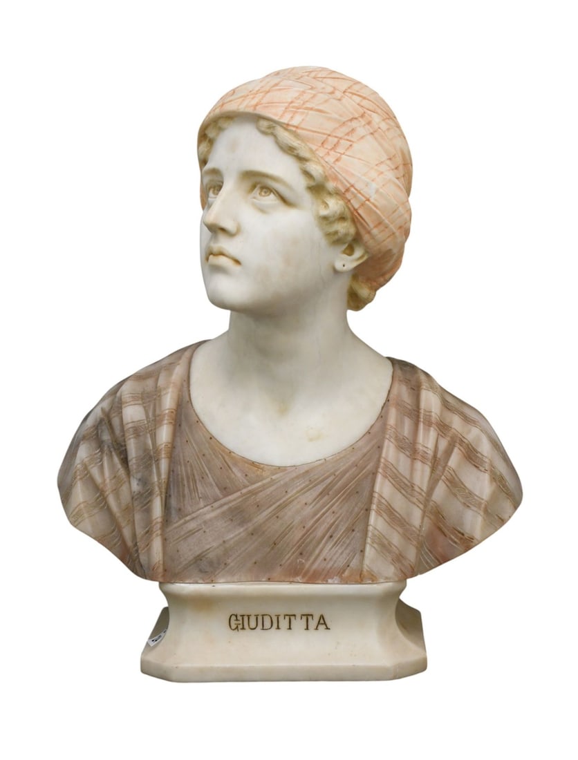 Antique carved polychrome alabaster and veined marble bust seated on a separable marble rectangular (1 of 11)