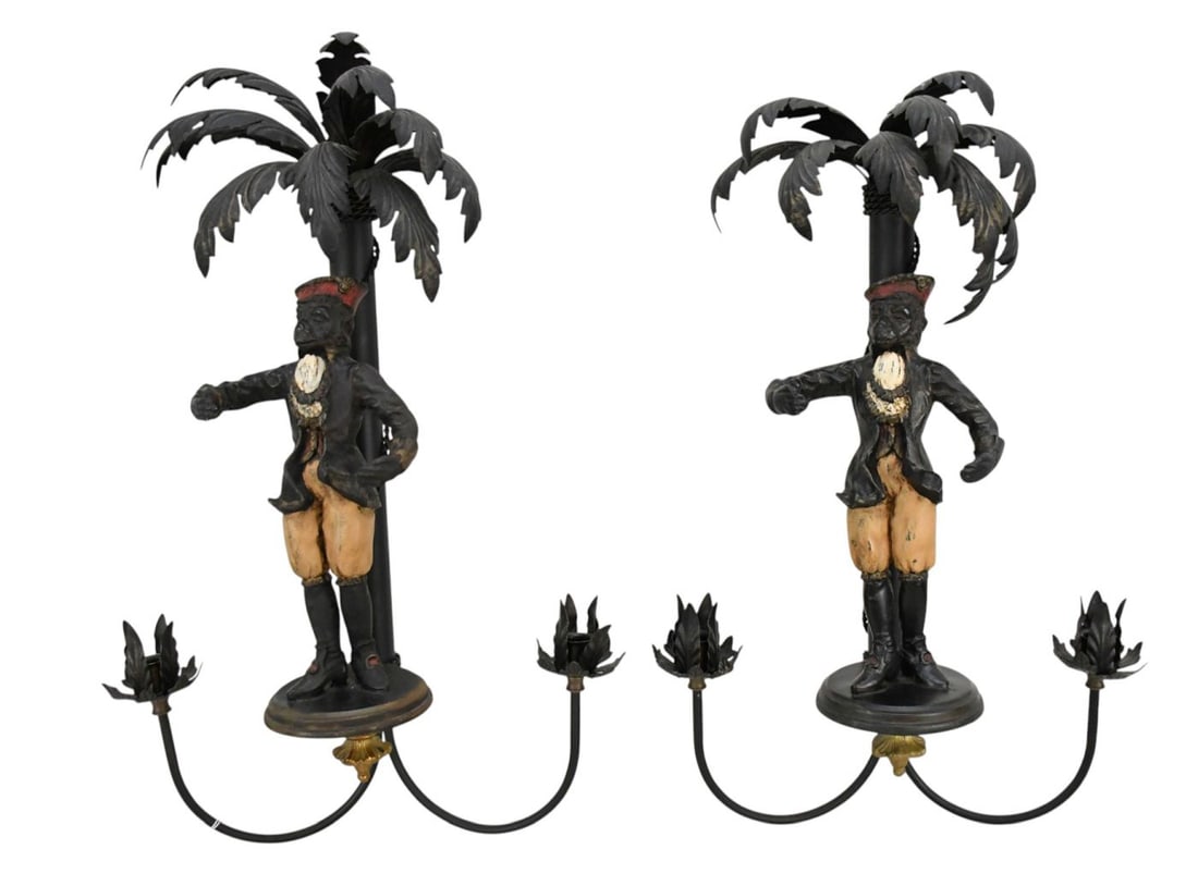 Pr. Monkey Double Branch Wall Sconces with Candelabra Palm Tree Motif, 26"h x 18"w (1 of 6)