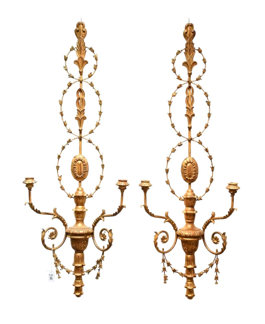 Pr. Of Large Antique Italian Gilt Wood Double Branch Wall Sconces 43"H x 15"w (1 of 5)