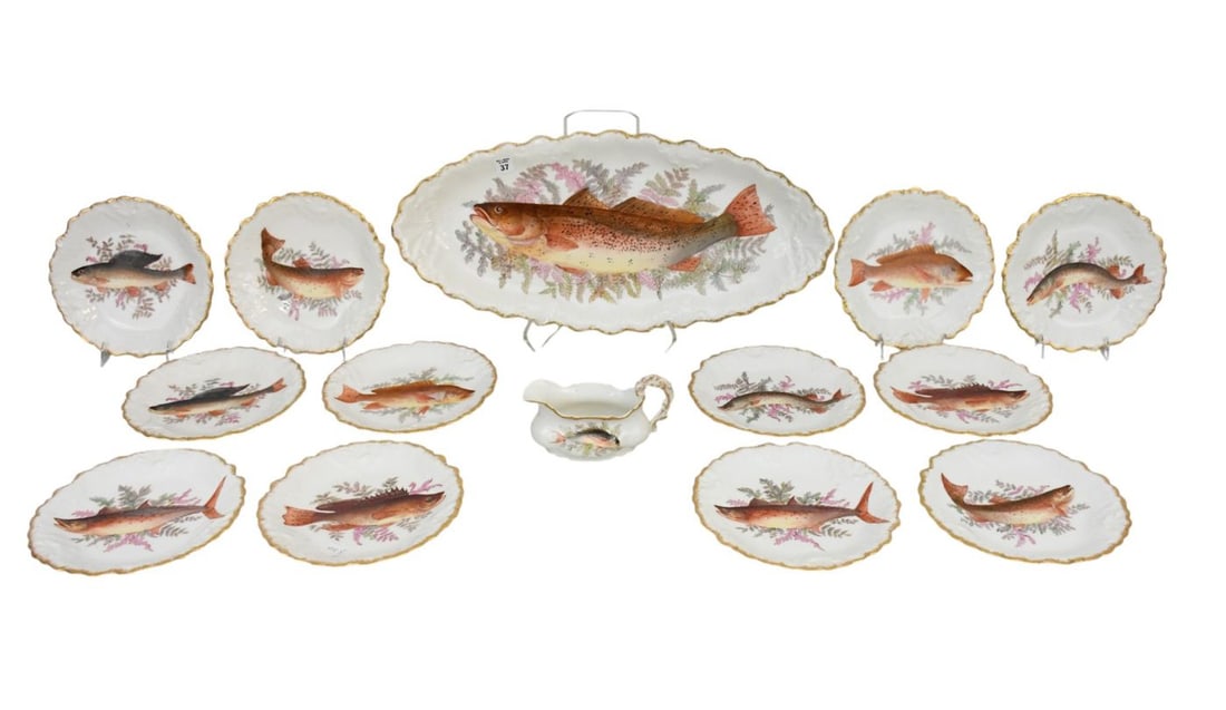 14 Pc. Porcelain Fish Set, Haviland Limoges France, Platter & Plates, (Platter 24" x 12") (one plate (1 of 16)