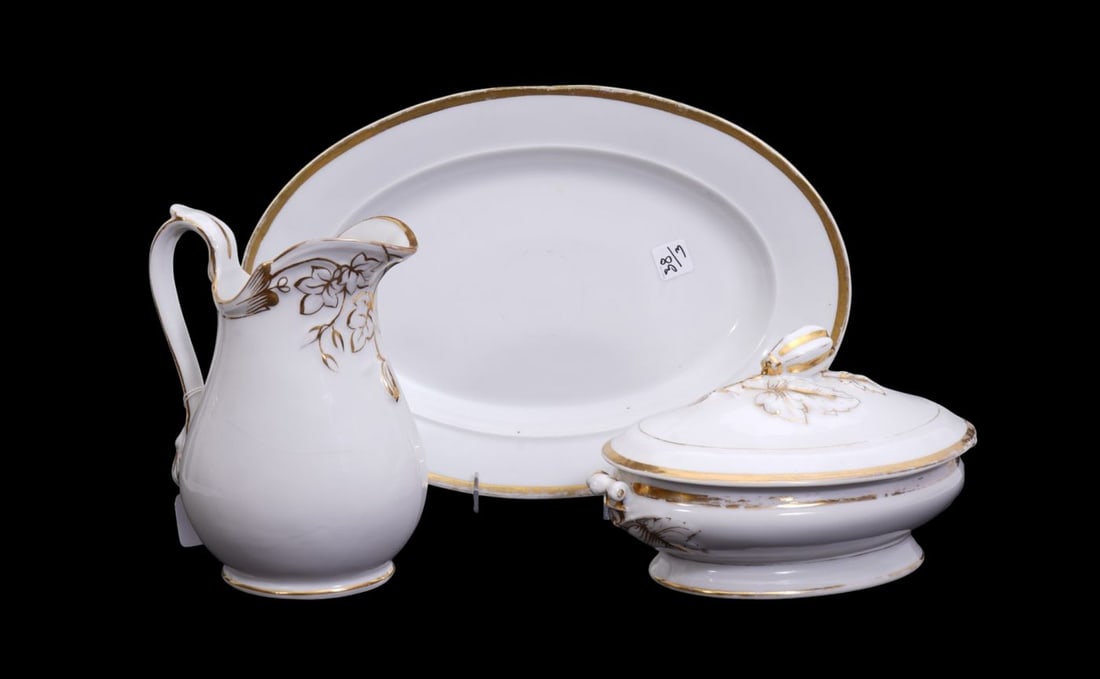 Grouping of 3 Paris Porcelain Tablewares, (Gold Wear) Pitcher 9"h (has crack), Platter 17"L (: Grouping of 3 Paris Porcelain Tablewares, (Gold Wear) Pitcher 9"h (has crack), Platter 17"L (