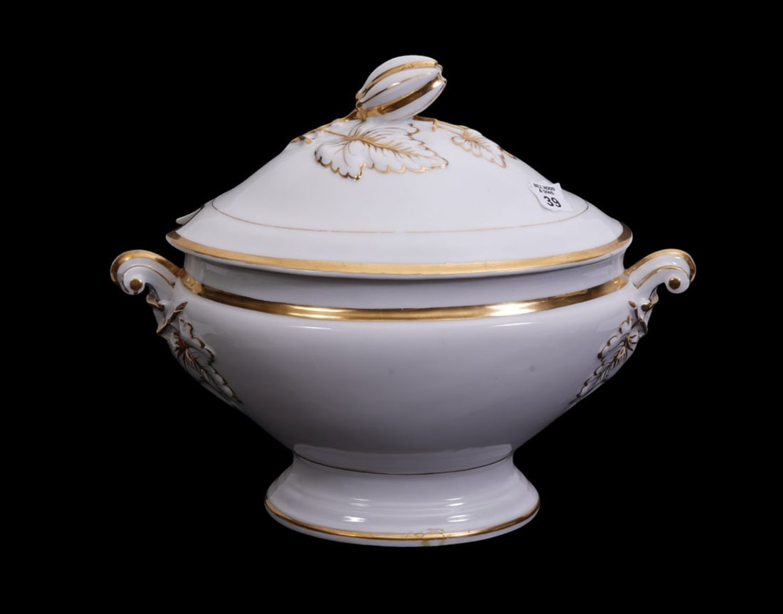 Paris Porcelain Tureen with Gold Trim On White Ground, 11"h x 15"w: Paris Porcelain Tureen with Gold Trim On White Ground, 11"h x 15"w