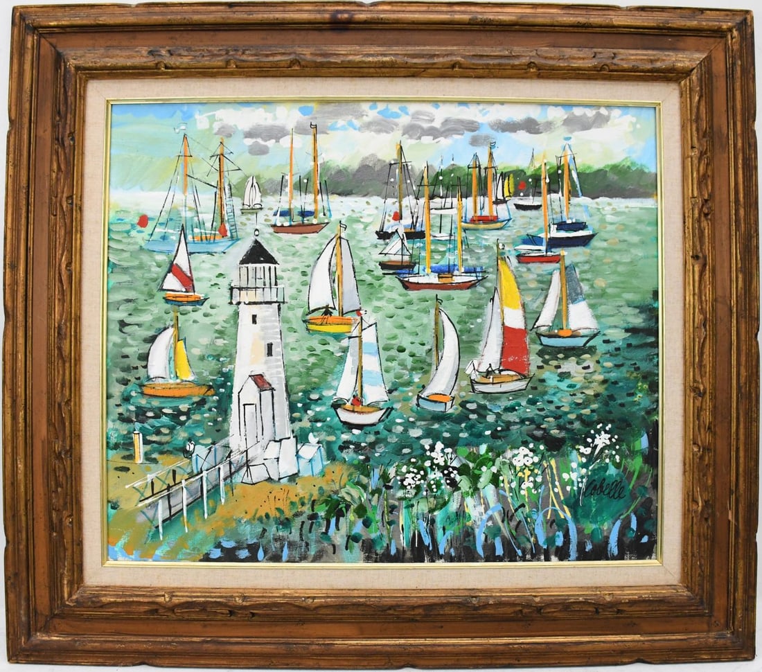Charles Cobelle (French - 1902 - 1998) oil on canvas, Harbor Scene with Sailboats - From Brant: Charles Cobelle (French - 1902 - 1998) oil on canvas, Harbor Scene with Sailboats - From Brant Point, canvas 20 x 24 inches. overall framed size 28-1/2 x 32-1/2 inches