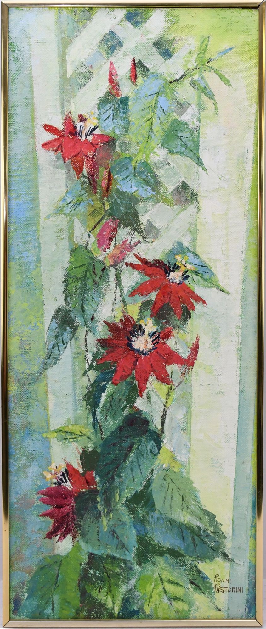 Ronni Pastorini (American, 1915-2011) Palm Beach Artrist, oil in canvas poinsettia flowers 30 x 12: Ronni Pastorini (American, 1915-2011) Palm Beach Artrist, oil in canvas poinsettia flowers 30 x 12 inches