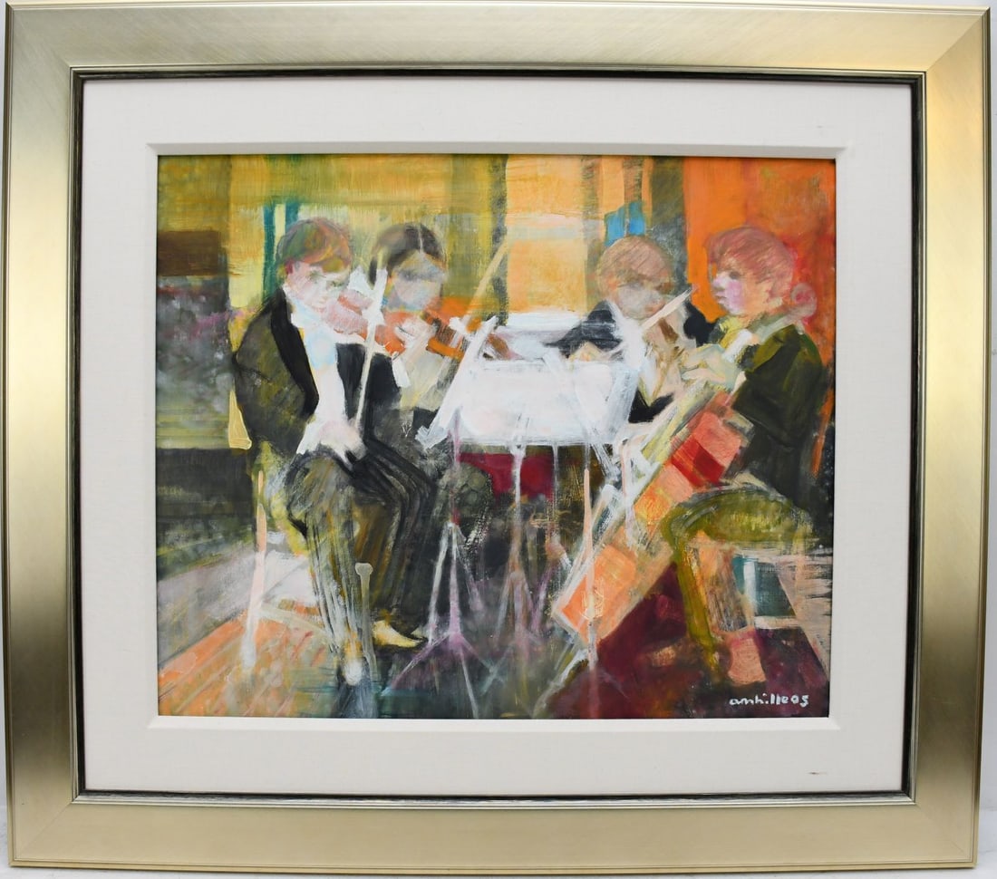 Paul Ambille (French, 1930-2010) oil on canvas musicians, 21 1/2 x 25 1/2 inches, overall frame size: Paul Ambille (French, 1930-2010) oil on canvas musicians, 21 1/2 x 25 1/2 inches, overall frame size 32 x 36 inches.