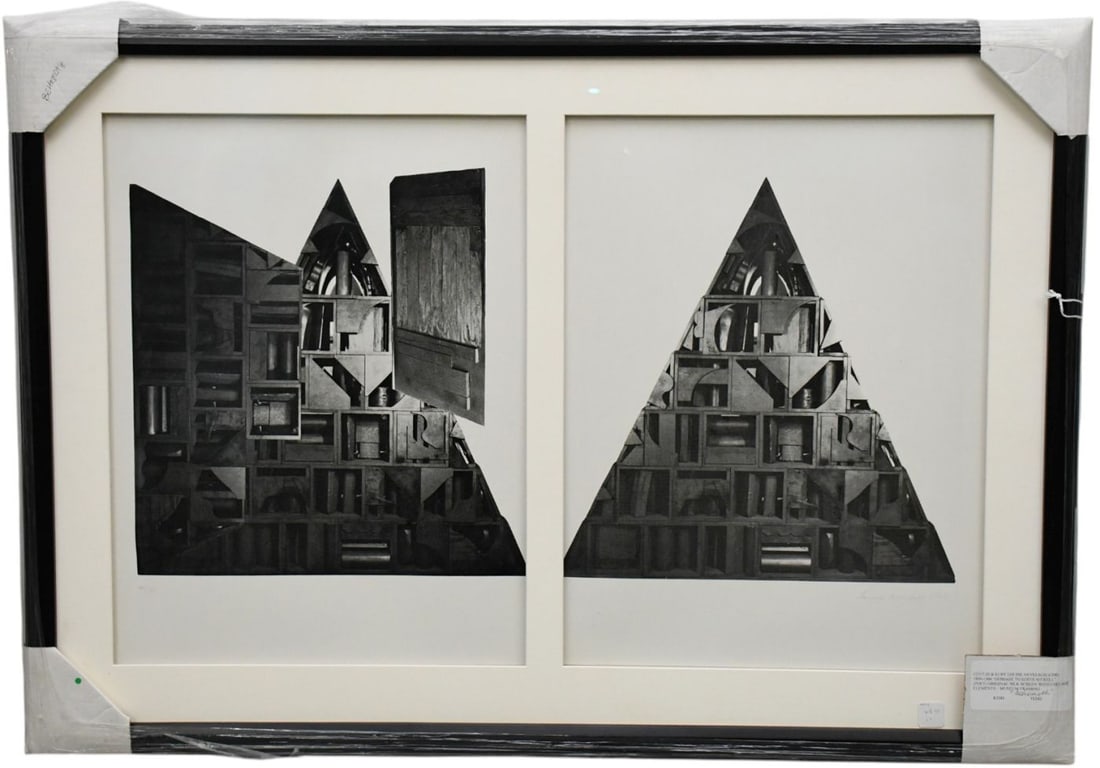 Louise Nevelson (AMERICAN, 1899–1988) Homage to Edith Sitwell, Original silk screen with collage: Louise Nevelson (AMERICAN, 1899–1988) Homage to Edith Sitwell, Original silk screen with collage elements, Museum Framed. ed. 44/125. pencil signed and date 1966. overall framed size is 29 x 42 inch
