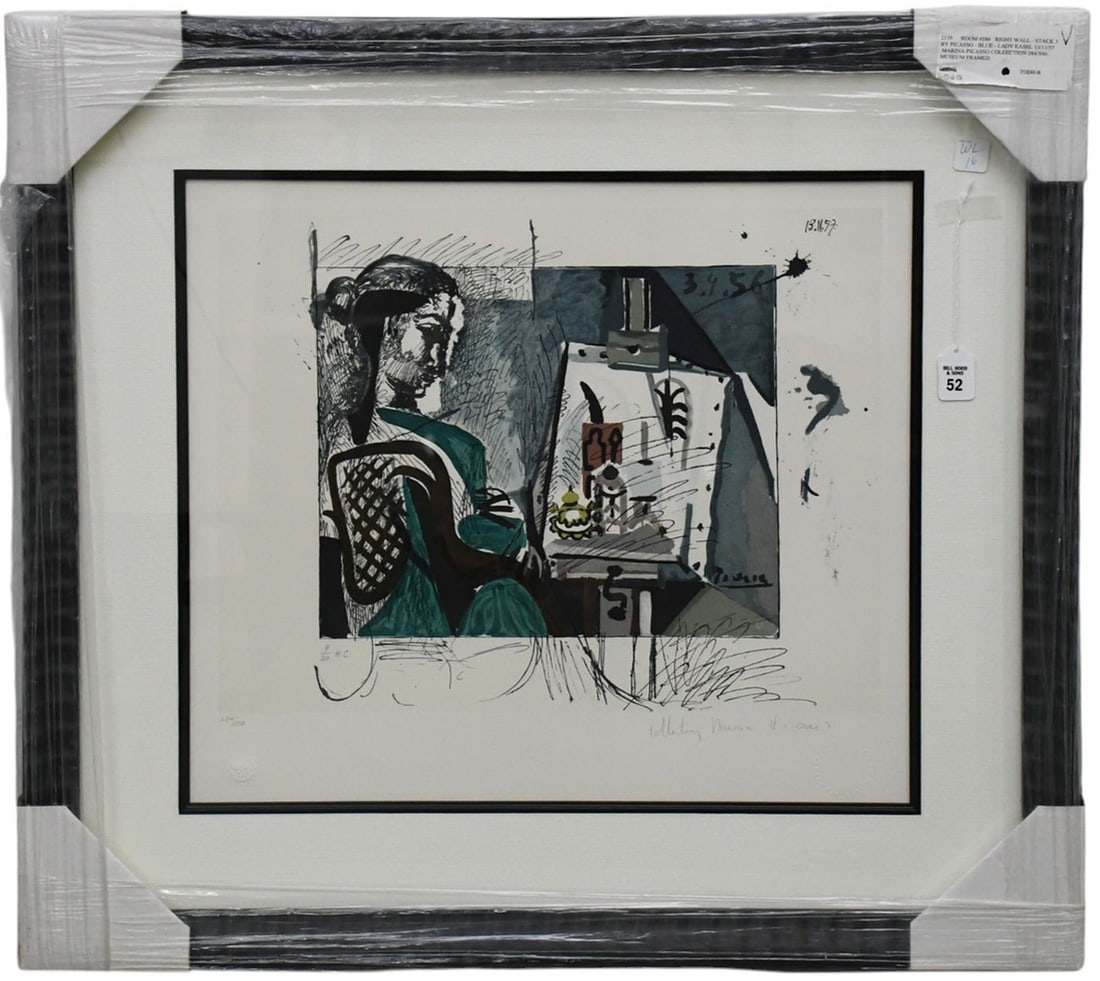 Pablo Picasso Lithograph Marina Picasso Edition, Woman in the Workshop, based on a 1956 work by: Pablo Picasso Lithograph Marina Picasso Edition, Woman in the Workshop, based on a 1956 work by Pablo Picasso. ed. 284/500. 19 x 22 inches. overall size 29-1/2 x 32 inches.