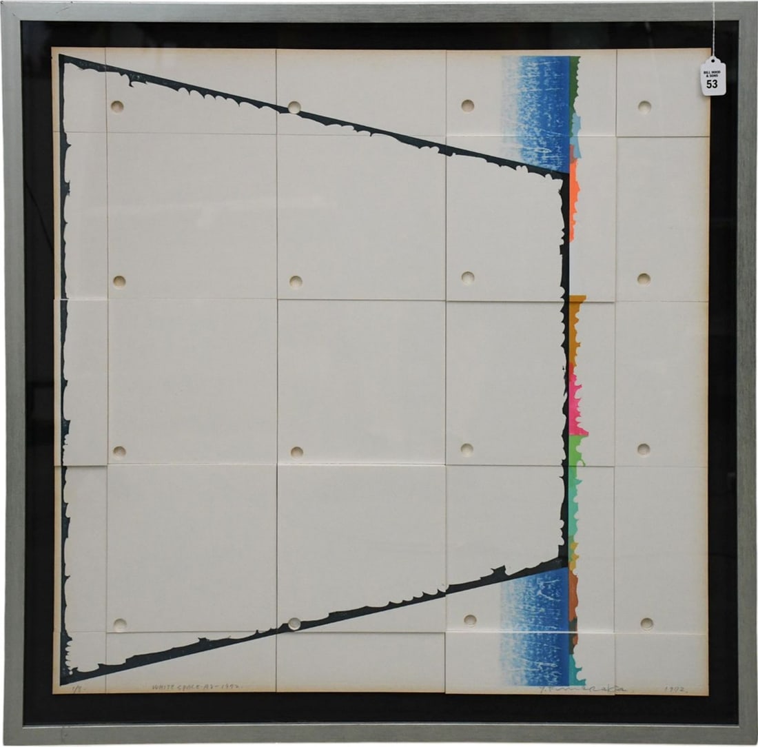 Yoshisuke Funasaka (Japanese, b. 1939) Modern Contemporary Art Piece, titled: White Space-1972. 29 x: Yoshisuke Funasaka (Japanese, b. 1939) Modern Contemporary Art Piece, titled: White Space-1972. 29 x 29 inches. signed lower right in pencil and signed on reverse. overall framed size 33-1/2 x 33-1/2 