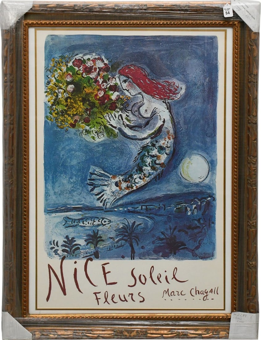 NICE- Lithograph Poster by Marc Chagall, 36-1/2 x 24 inches. overall framed size 44 x 32 inches.: NICE- Lithograph Poster by Marc Chagall, 36-1/2 x 24 inches. overall framed size 44 x 32 inches.
