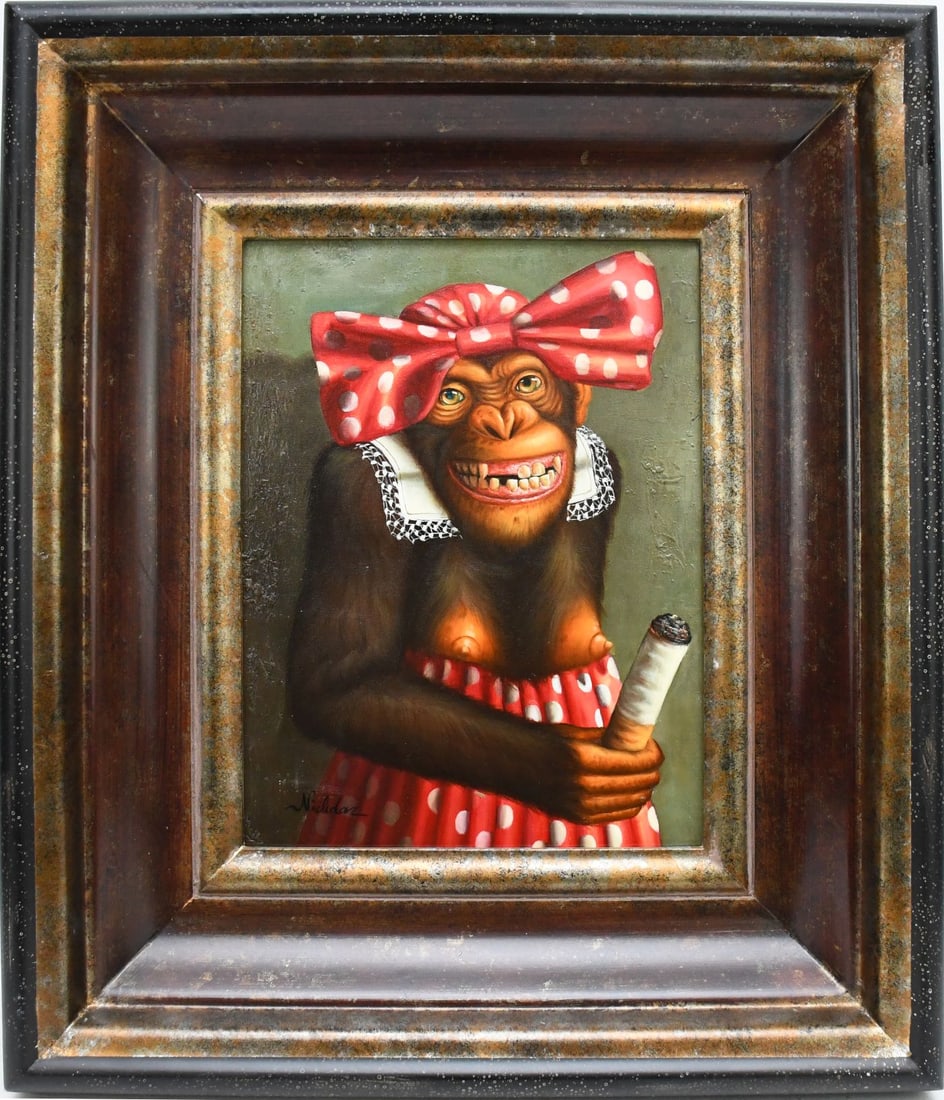 Monkey Painting, 20th Century oil on canvas, after Donald Roller Wilson, 16 x 12 inches. Overall: Monkey Painting, 20th Century oil on canvas, after Donald Roller Wilson, 16 x 12 inches. Overall framed size 26-1/2 x 22-1/2 inches