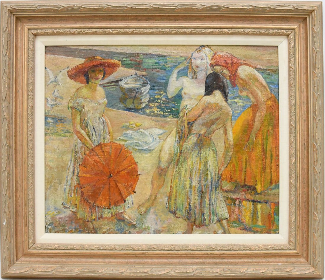 Sibyl Milnes (b. 1902) oil on canvas, Sunbathers. no apparent signature, 17 x 21-1/2 inches. overall: Sibyl Milnes (b. 1902) oil on canvas, Sunbathers. no apparent signature, 17 x 21-1/2 inches. overall framed size is 24-1/2 x 28-1/2 inches.
