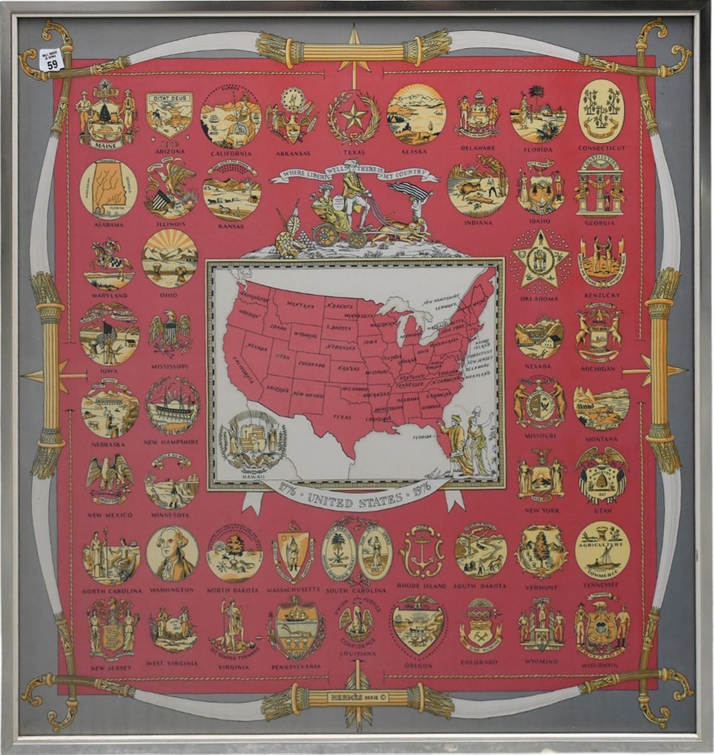 Hermes - silk scarf, US 1976, Bicentennial. 34 1/4 x 35 1/4 inches.: Hermes - silk scarf, US 1976, Bicentennial. 34 1/4 x 35 1/4 inches.