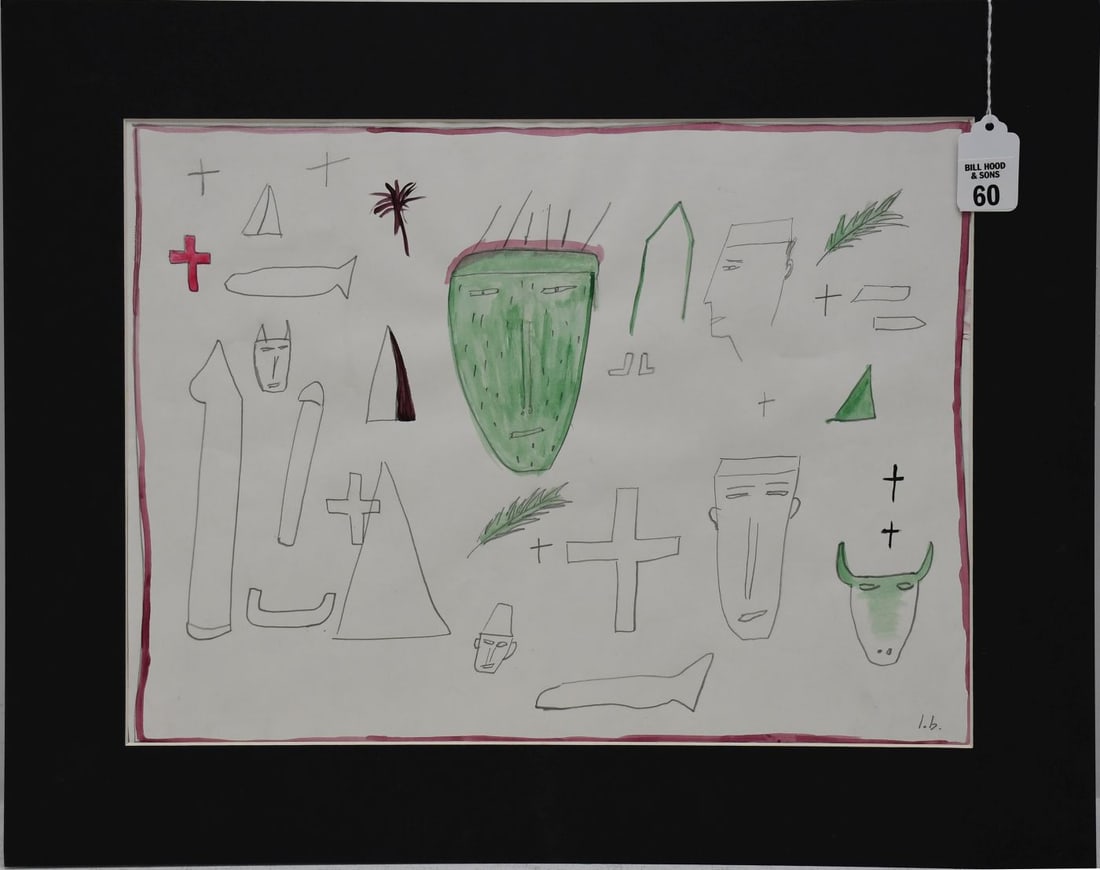 James Brown (Am. 1951-2020) pencil & watercolor, ca. 1981, faces and shapes. drawings initial J.B.: James Brown (Am. 1951-2020) pencil & watercolor, ca. 1981, faces and shapes. drawings initial J.B. site size 11 1/2 x 15 1/2 Mat size 16 x 20 inches.