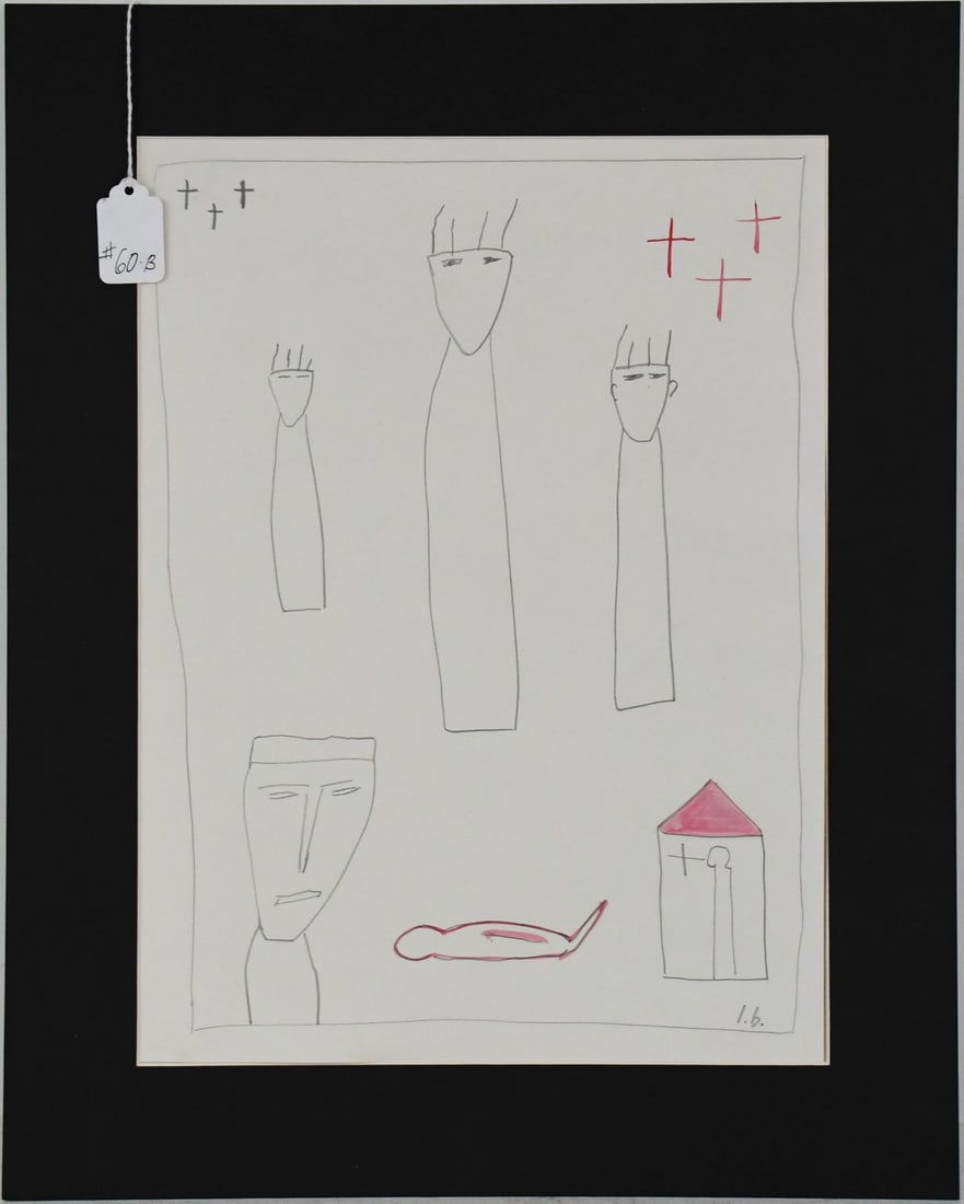 James Brown (Am. 1951-2020) pencil & small amount of watercolor, drawing of figures, initial JB.: James Brown (Am. 1951-2020) pencil & small amount of watercolor, drawing of figures, initial JB. site size 11 1/2 x 15 1/2 Mat size 16 x 20 inches.
