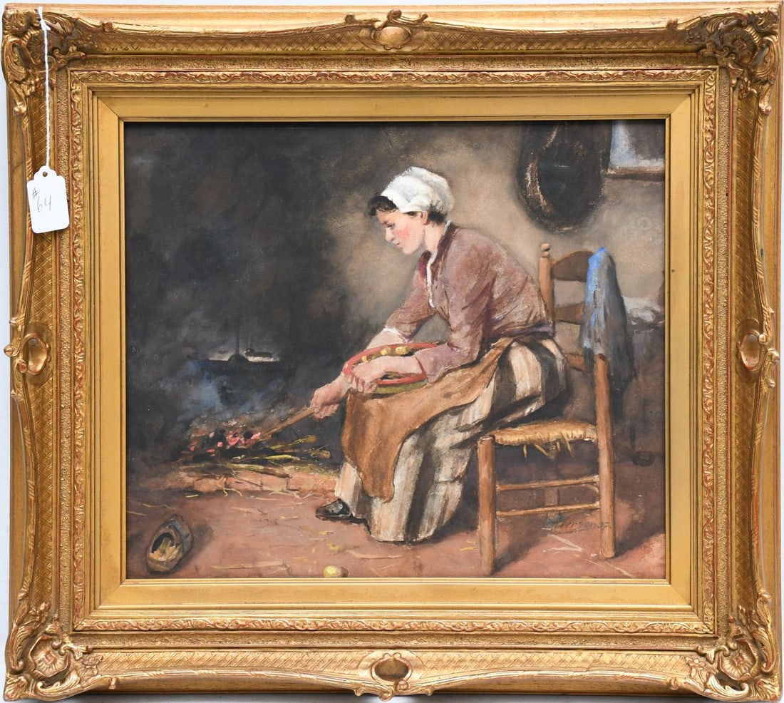 H. Peerson Watercolor, Dutch Interior Scene, Woman Cooking. signed H. Peerson '57. sight size (1 of 5)