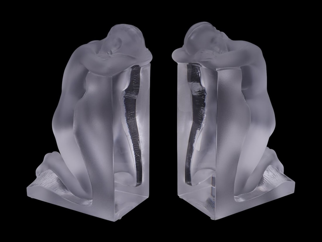 Pair Lalique Crystal Figural Nude "Reverie" Bookends, 9"h x 5"w 3"d (1 of 5)