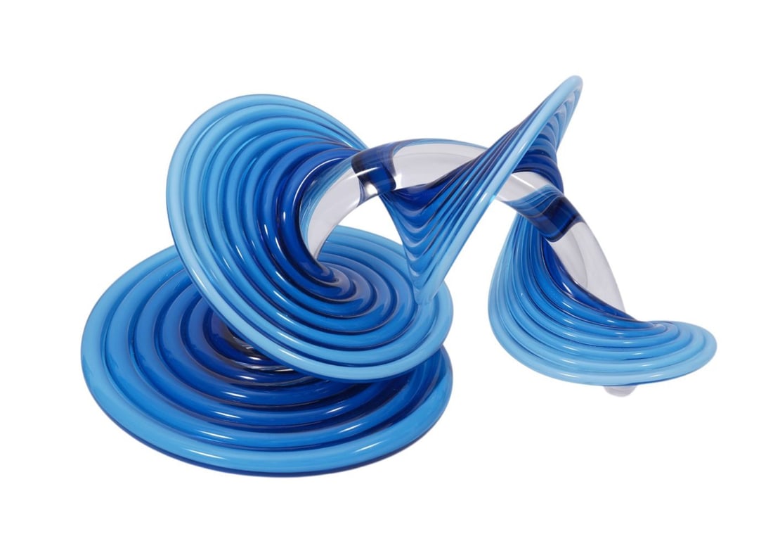 Thomas P Kelly (American, b.1967) Art Glass Heechee Sculpture, "Blue Heechee Probe with Clear Spine": Thomas P Kelly (American, b.1967) Art Glass Heechee Sculpture, "Blue Heechee Probe with Clear Spine" for Vitrix Hot Glass Studio, sculpture with seven bands of glass twisting around a clear spine, sig