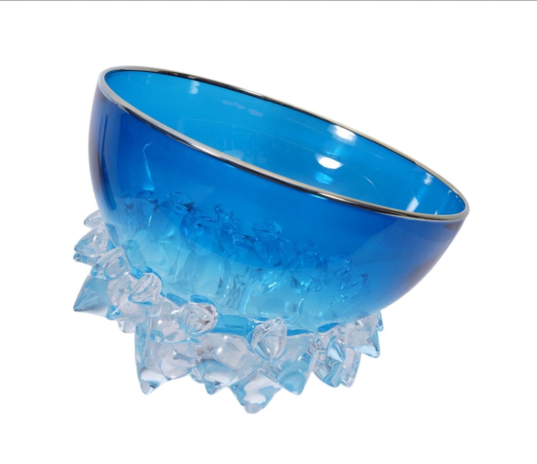 Large Art Glass Pacific Blue Thorn Bowl, Signed A. Madvin, (Andrew Madvin) 10 1/2"h x 14"dia: Large Art Glass Pacific Blue Thorn Bowl, Signed A. Madvin, (Andrew Madvin) 10 1/2"h x 14"dia