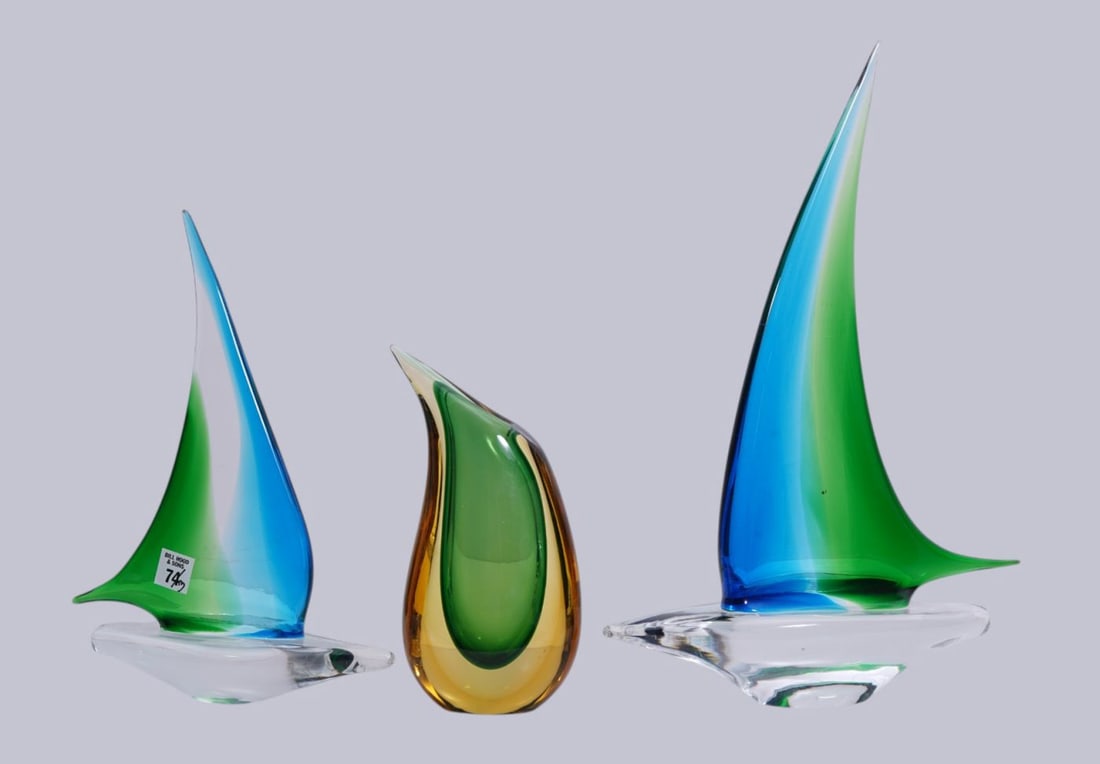3 Pc. Art Glass Sculptures, Murano Vase AND 2 Sailboats (largest 19"h x 14 1/2"w x 5"d) (1 of 7)