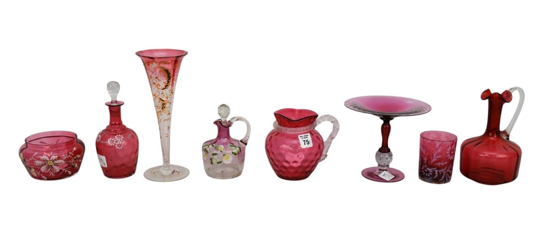 8 Pcs. Victorian Cranberry Glassware, Bowl, Cruets, Tazza, Pitcher, Decanter and Vase, 10"h x 4"dia (1 of 6)