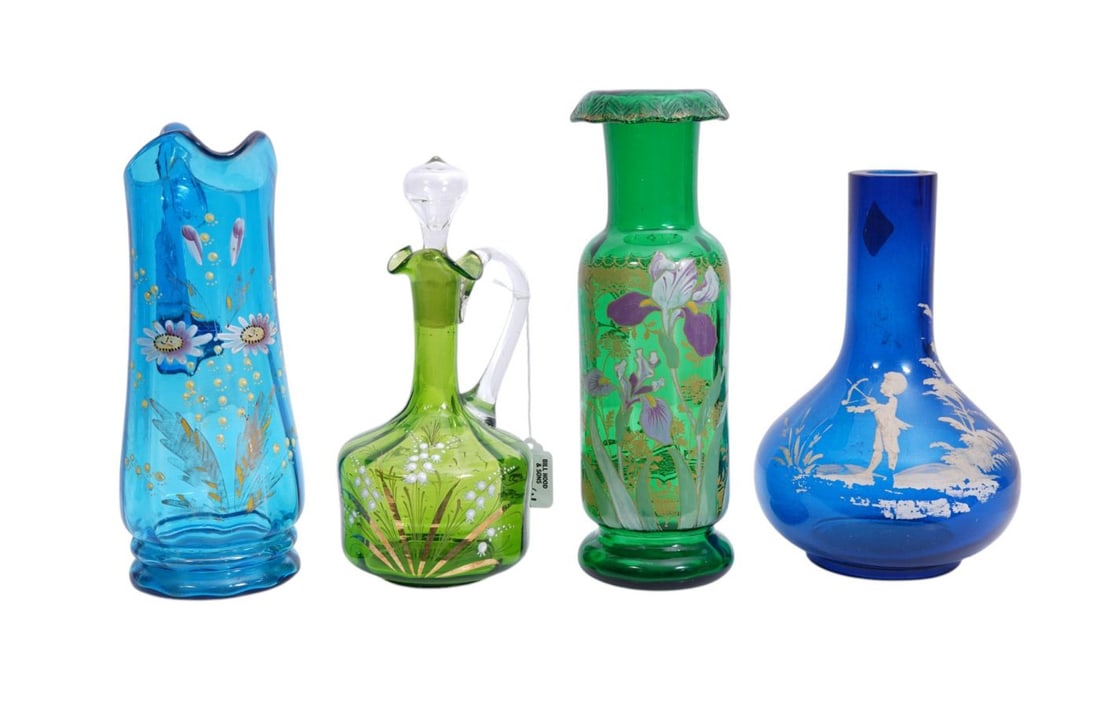 4 Pcs. Victorian Colored Glassware, Painted Mary Gregory Piece & 3 Enameled Pieces with Flowers, (1 of 9)