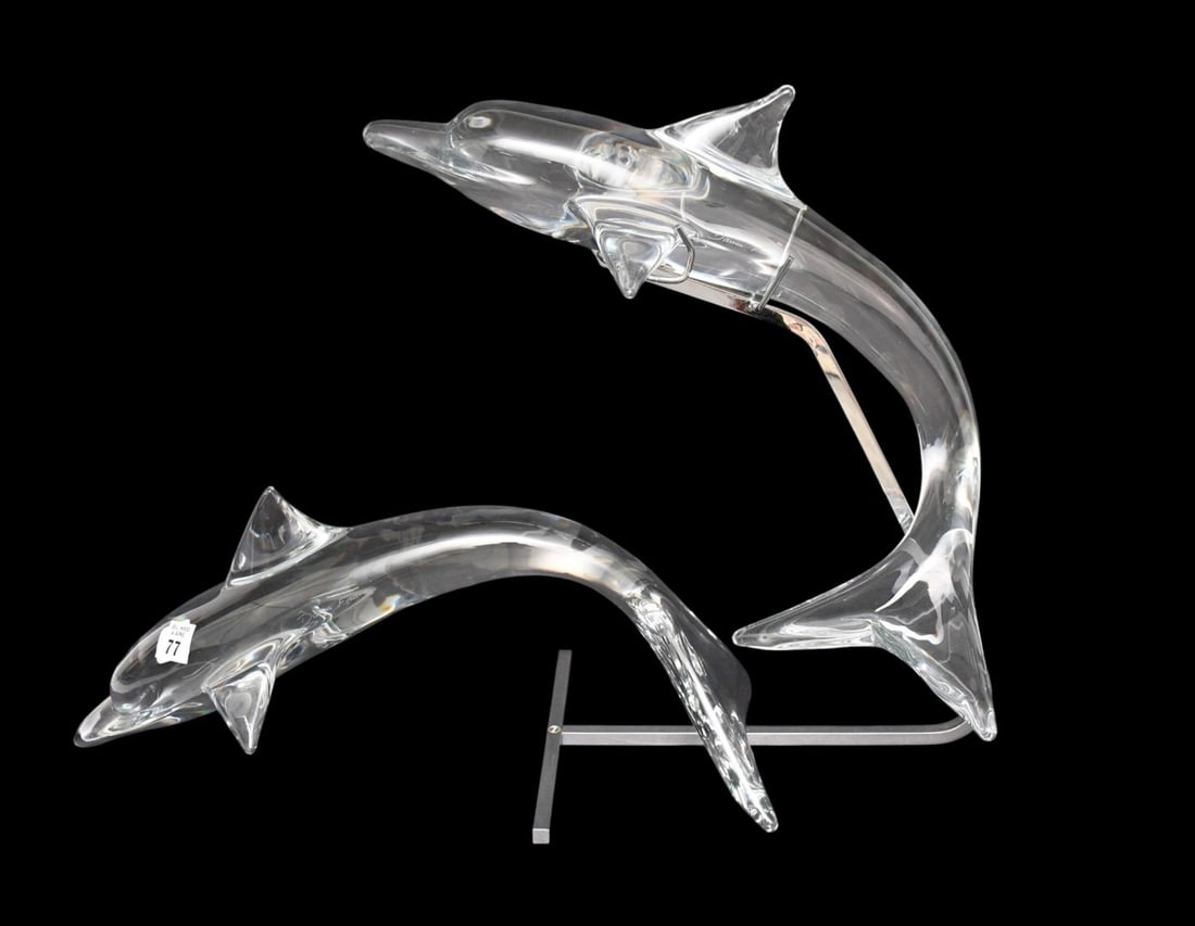 2 Pcs. Large Daum France Crystal Dolphins, One Mounted to Chrome Base, 18"h x 19"w (1 of 5)