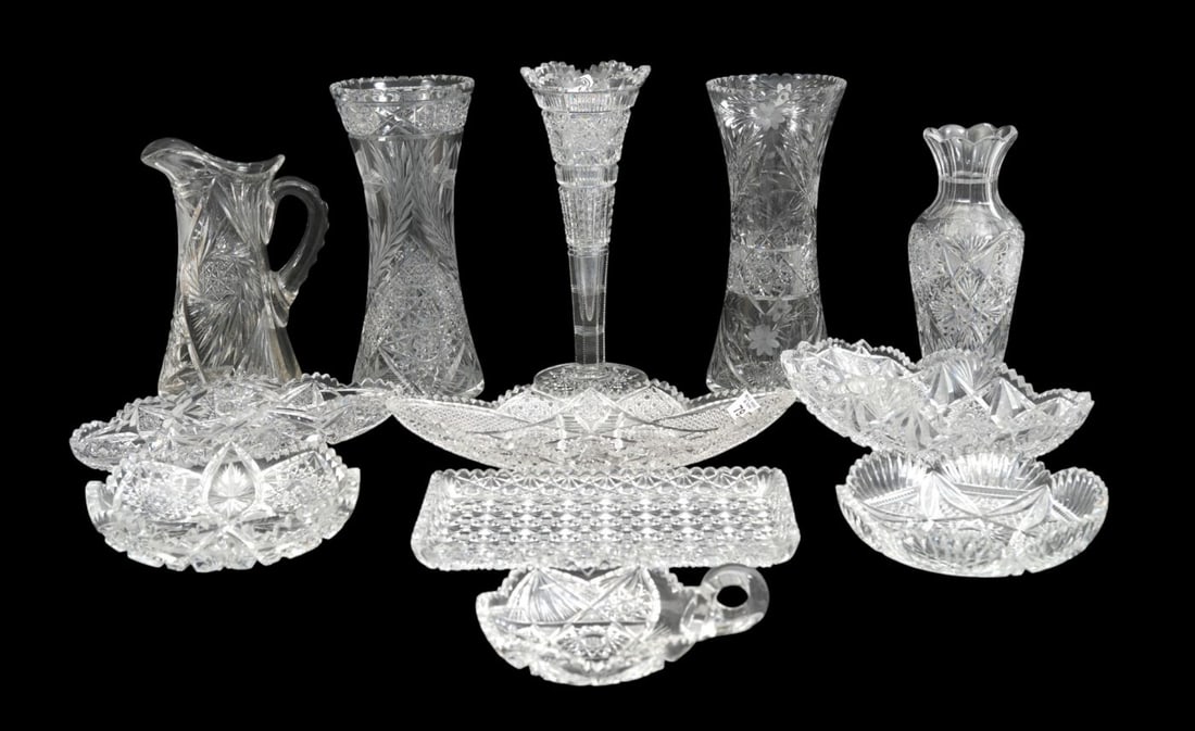 Cut Glass Lot, Mostly Brilliant Period, Assorted Dishes, Bowls & Vases, 13"h x 5"d (1 of 13)