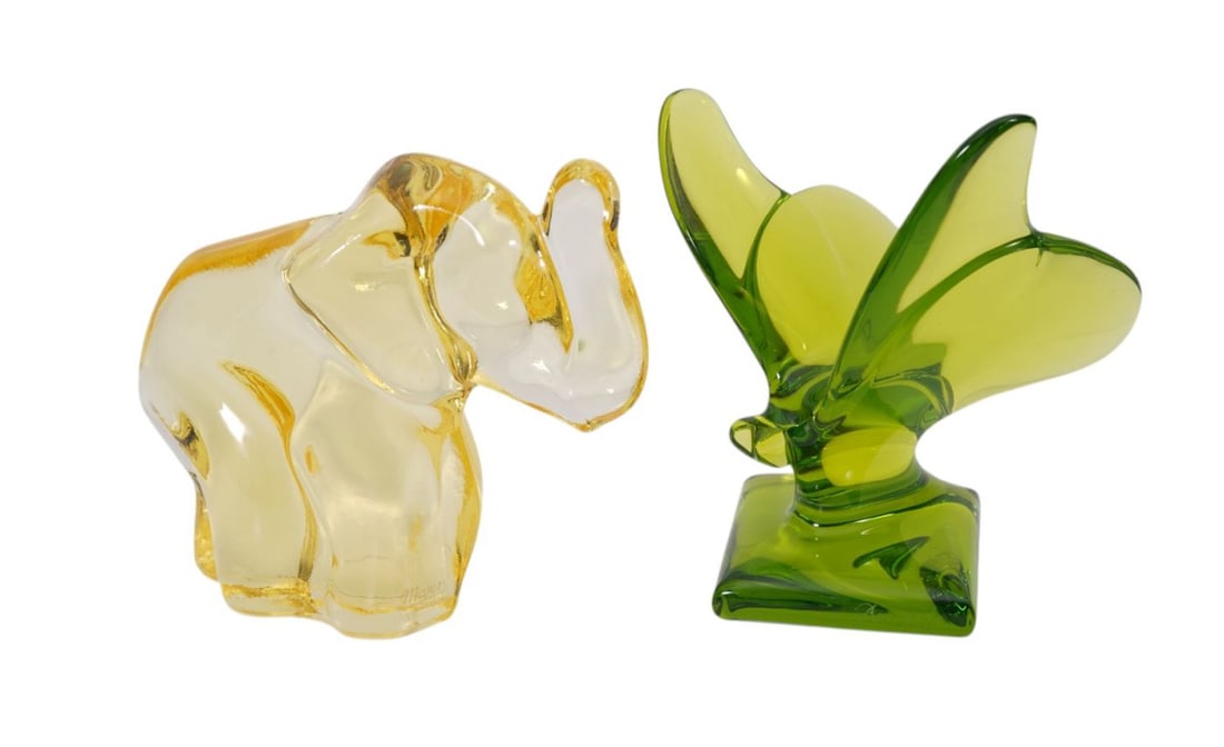 2 Objects d'art - Miniature Moser Yellow Elephant and Bacarrat Butterfly, Each Approx. 3 1/2"H: 2 Objects d'art - Miniature Moser Yellow Elephant and Bacarrat Butterfly, Each Approx. 3 1/2"H