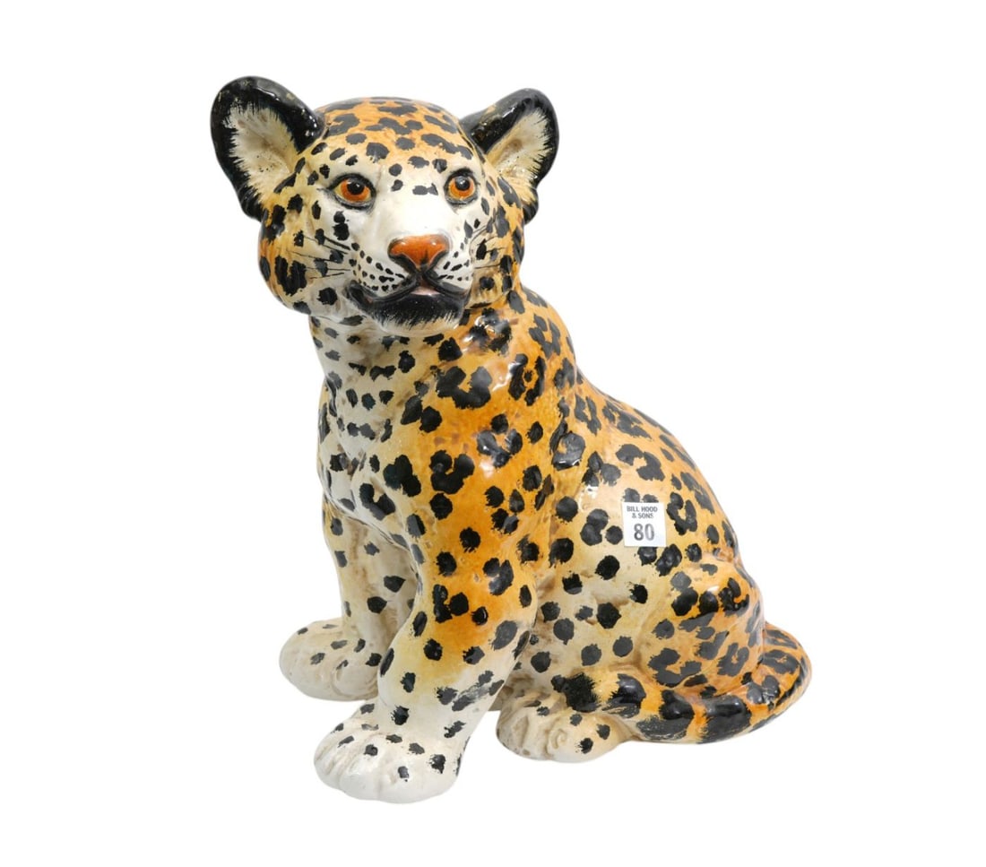 Italian Ceramic Seated Leopard Cub, (Hairline crack) 16"h x 14"w x 9"d (1 of 6)