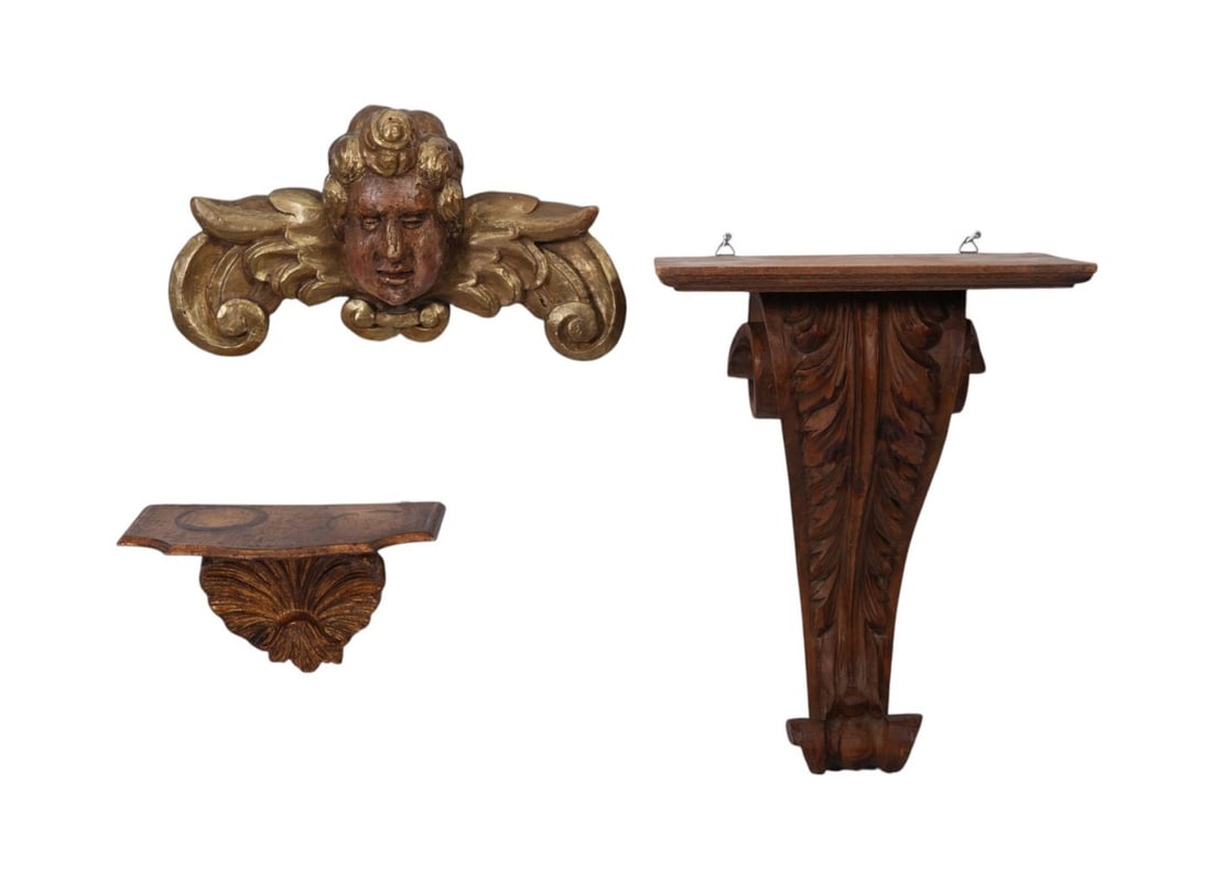 3 Antique Carved Wood Wall Mounted Items, Acanthus Bracket, Gilded Angel Head AND Shell Bracket, (1 of 4)
