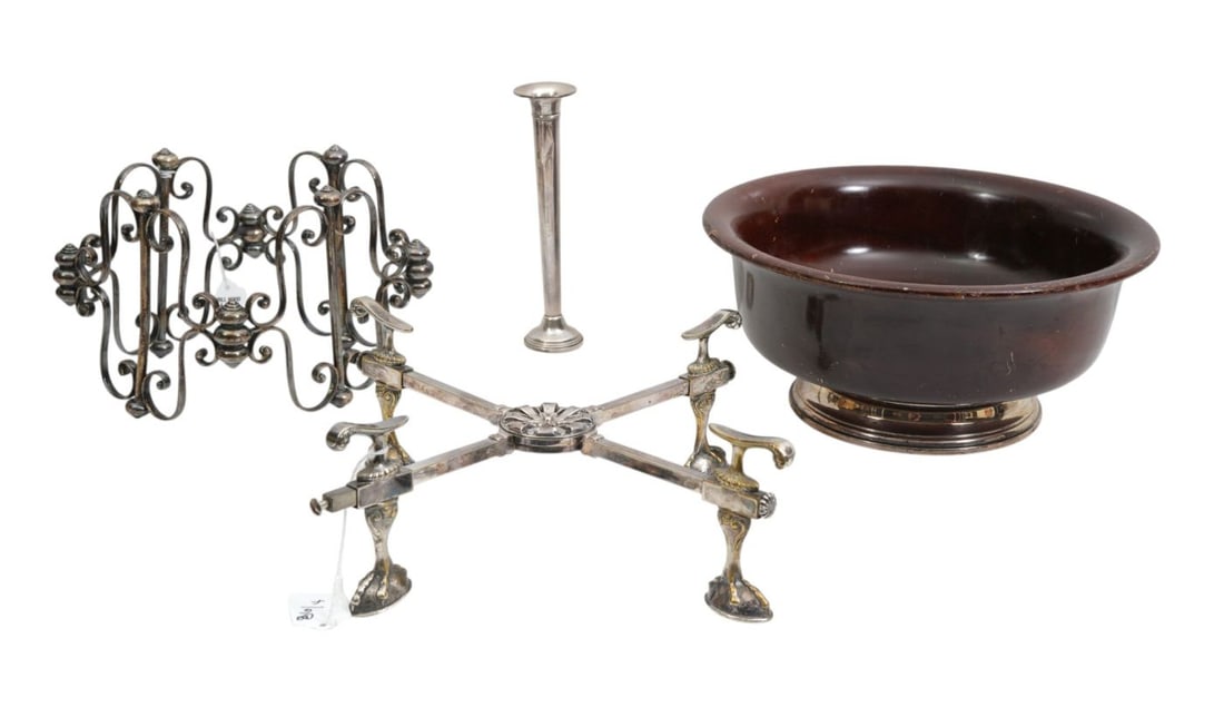 2 Unusual Silverplate Trivets, Wood Bowl with Silver Pedestal And Weighted Bud Vase (1 of 6)