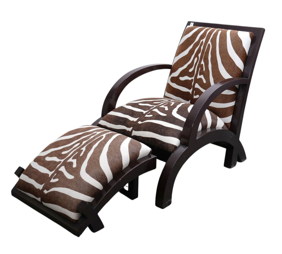 Zebra Skin Upholstered Armchair & Ottoman, Lacquered Wood Frame, 35"h x 26"w x 40"d (good condition) (1 of 4)