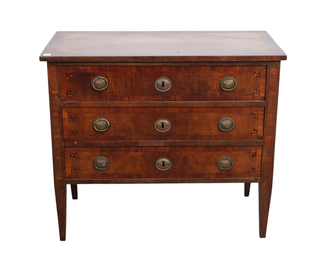 Continental 3 Drawer Chest With Marquetry, 18th c. Early Brass Hardware, 31"h x 36"w x 19"d (1 of 8)