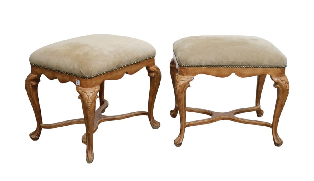 Pair Country French Style Benches, Green Faux Suede Upholstery (some wear), 21"h x 23"w x 18"d: Pair Country French Style Benches, Green Faux Suede Upholstery (some wear), 21"h x 23"w x 18"d