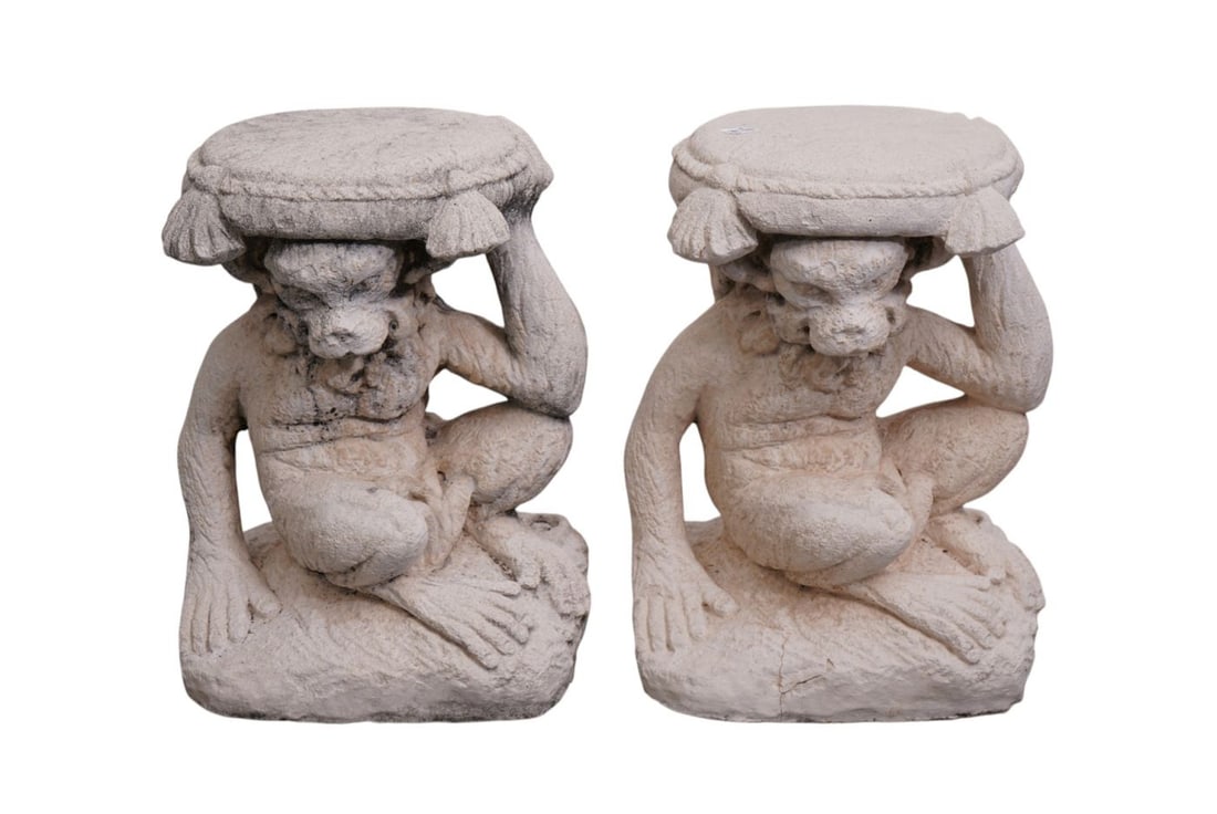 Pair Cement Monkey Form Garden Seats, 19"h x 14"d (1 of 6)